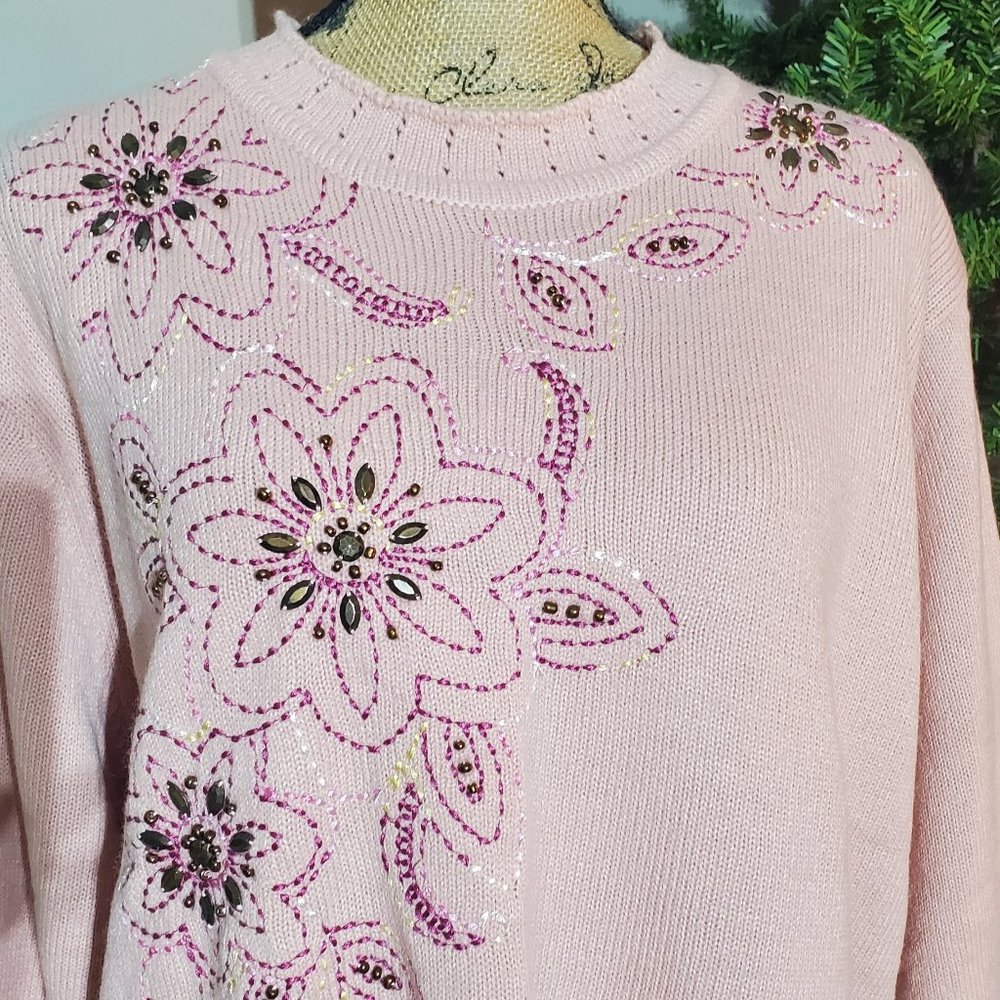 Women's ADIAU JELFIELD Pink Knit Embroidered Beaded Flowers Floral Sweater Tunic